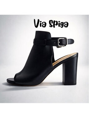 VIA SPIGA High Heel Shoes Womens Size 8.5M Black Leather Open Toe Mules Sandal